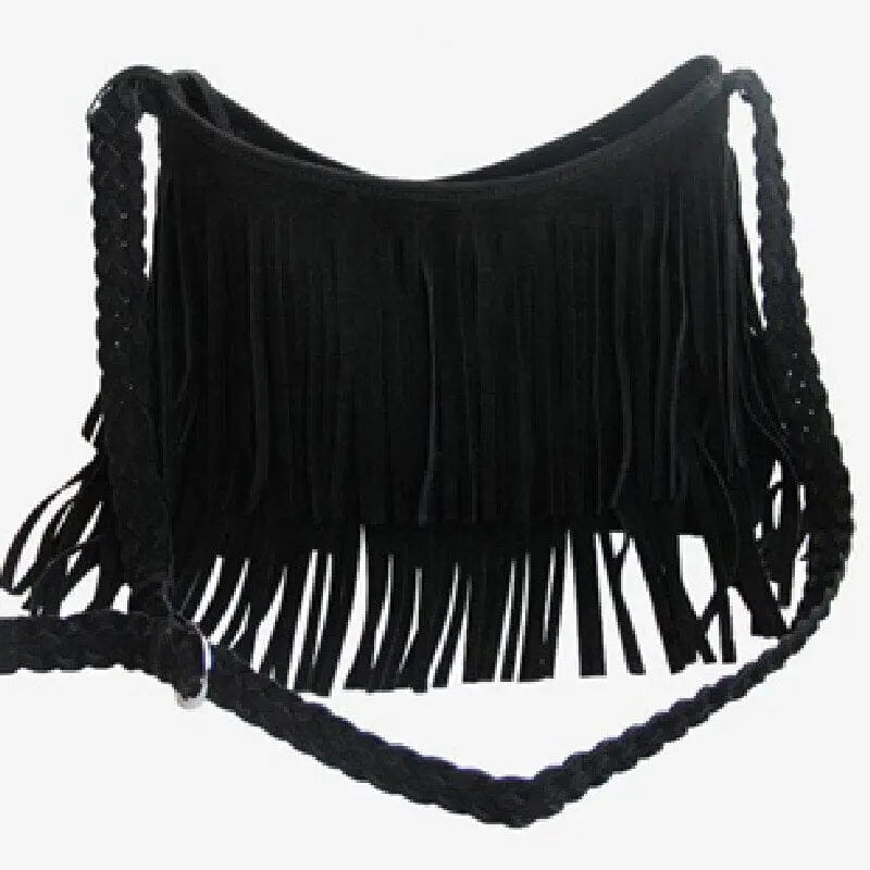 Sac noir à bandoulière avec franges et design bohème