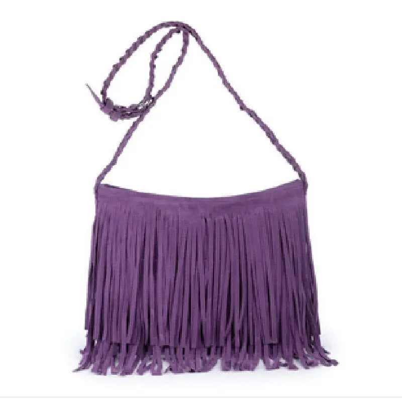 Sac violet à bandoulière, franges et design bohème