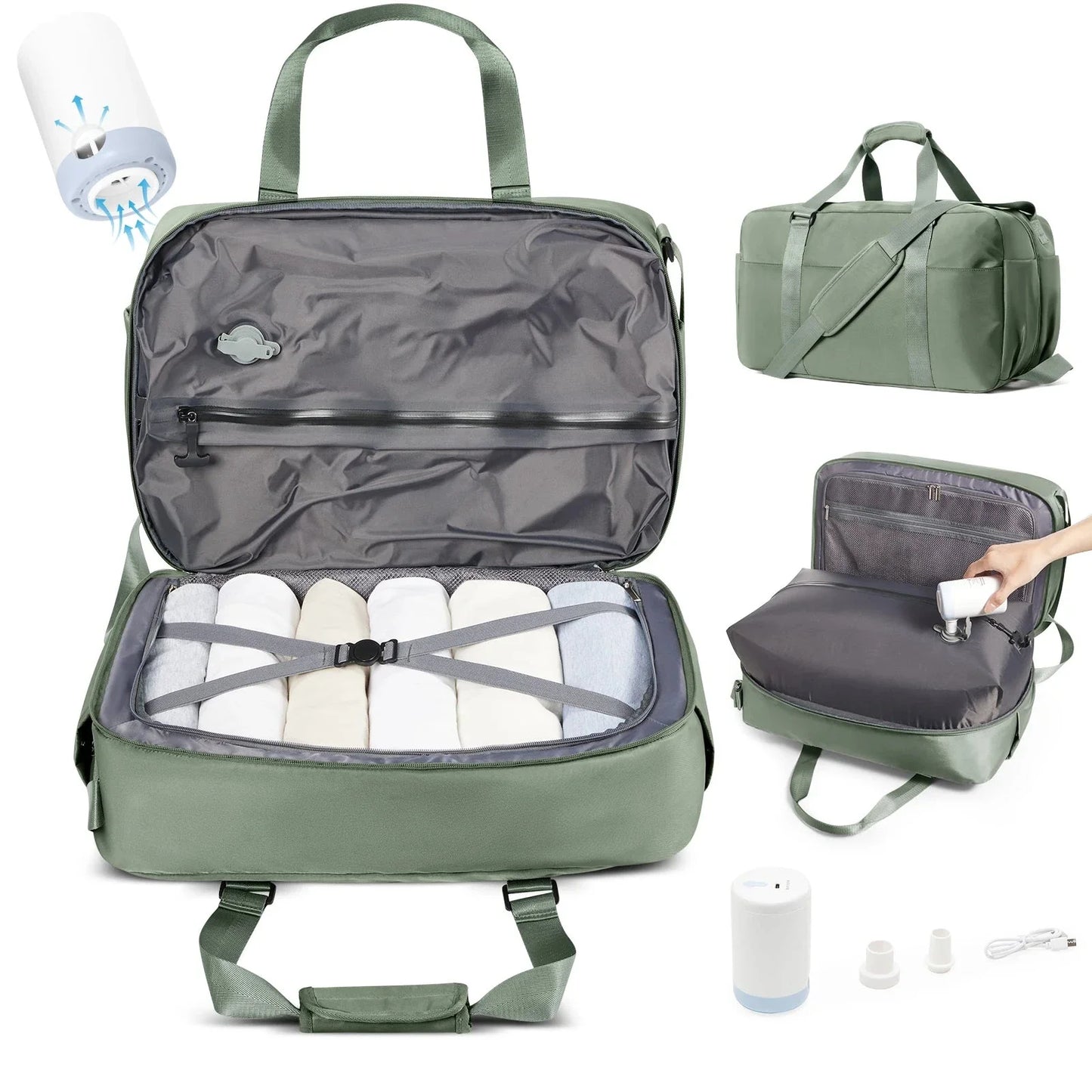 Sac cabine vert, tissu imperméable et poches multiples