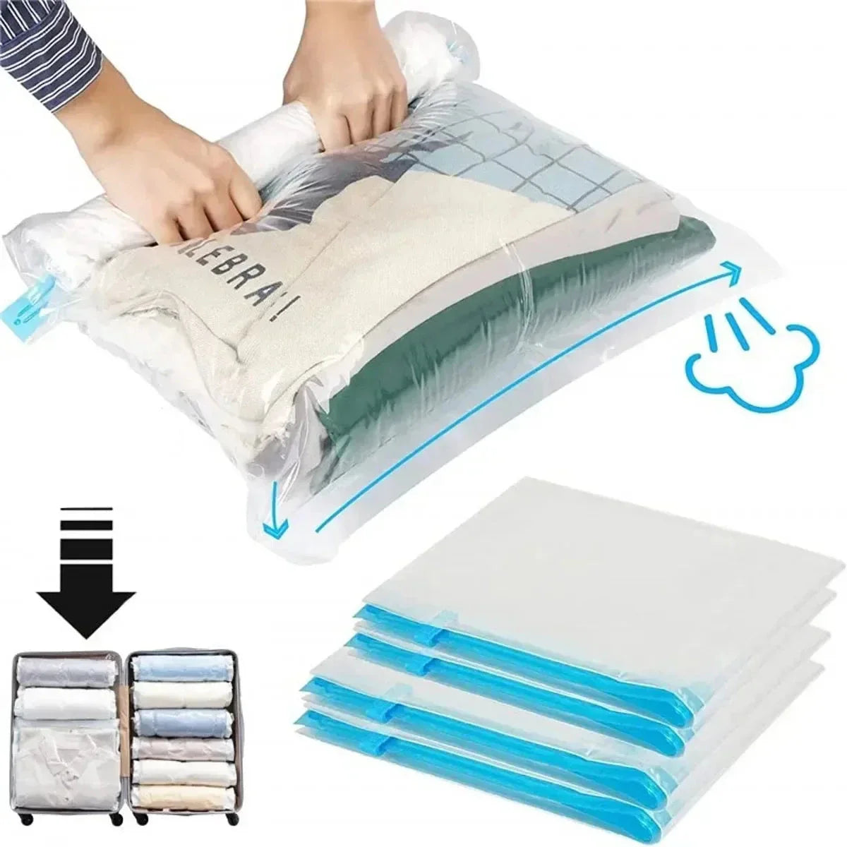 Lot de cinq sacs de compression empilés, tailles variées