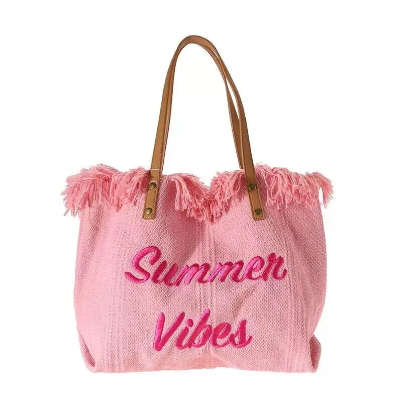 Sac de plage rose en canvas avec anses robustes