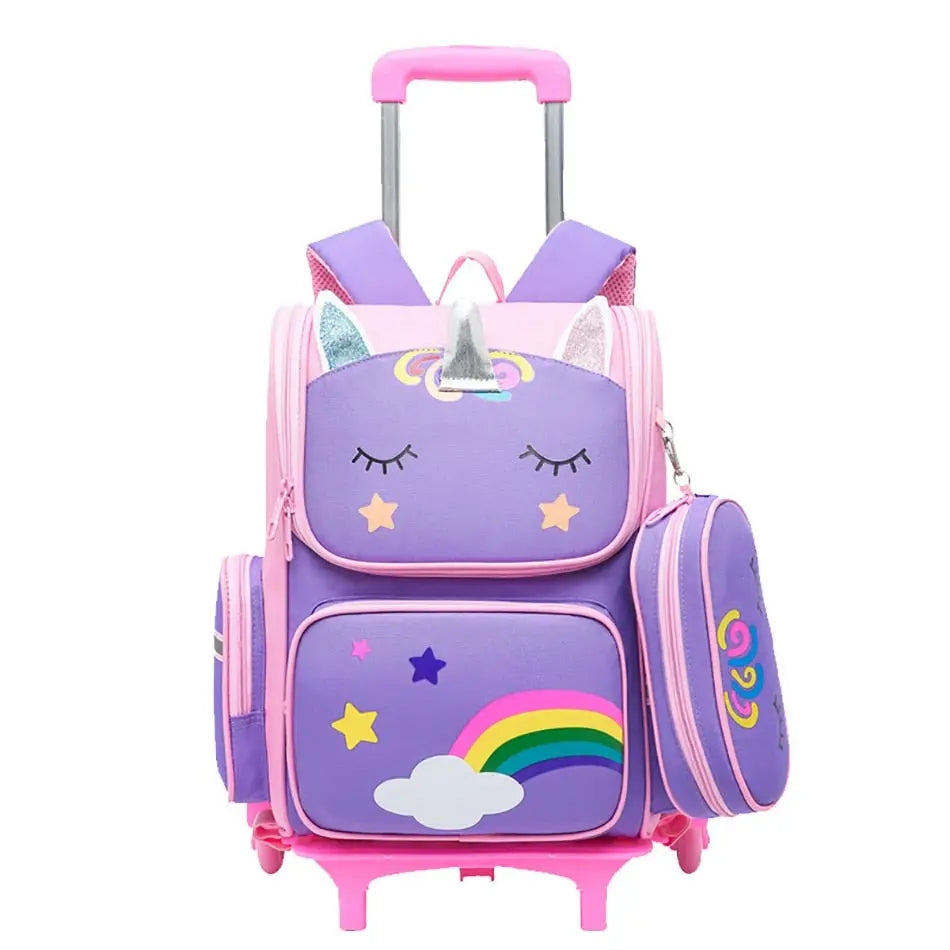 Vue de profil du sac à roulettes violet avec licorne