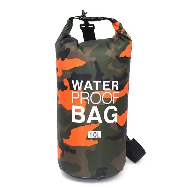 Vue du sac 10L camouflage orange, résistant et imperméable