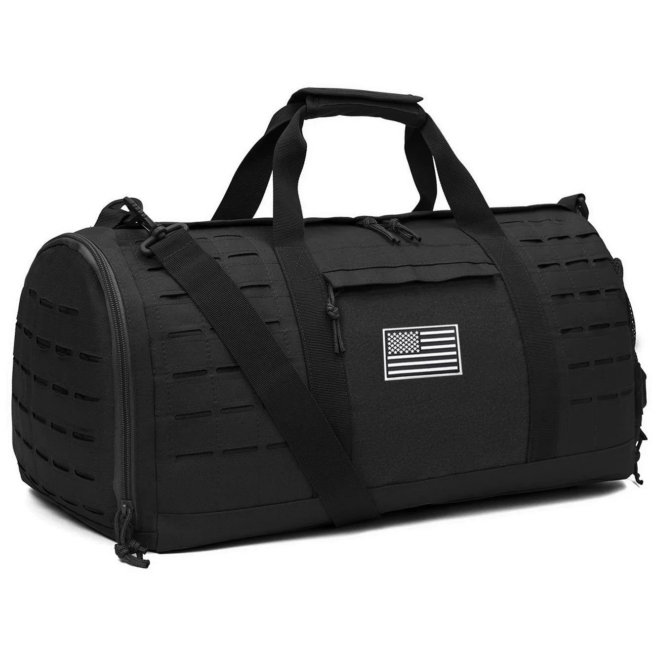 Version noire du sac militaire 40L, sobre et polyvalente