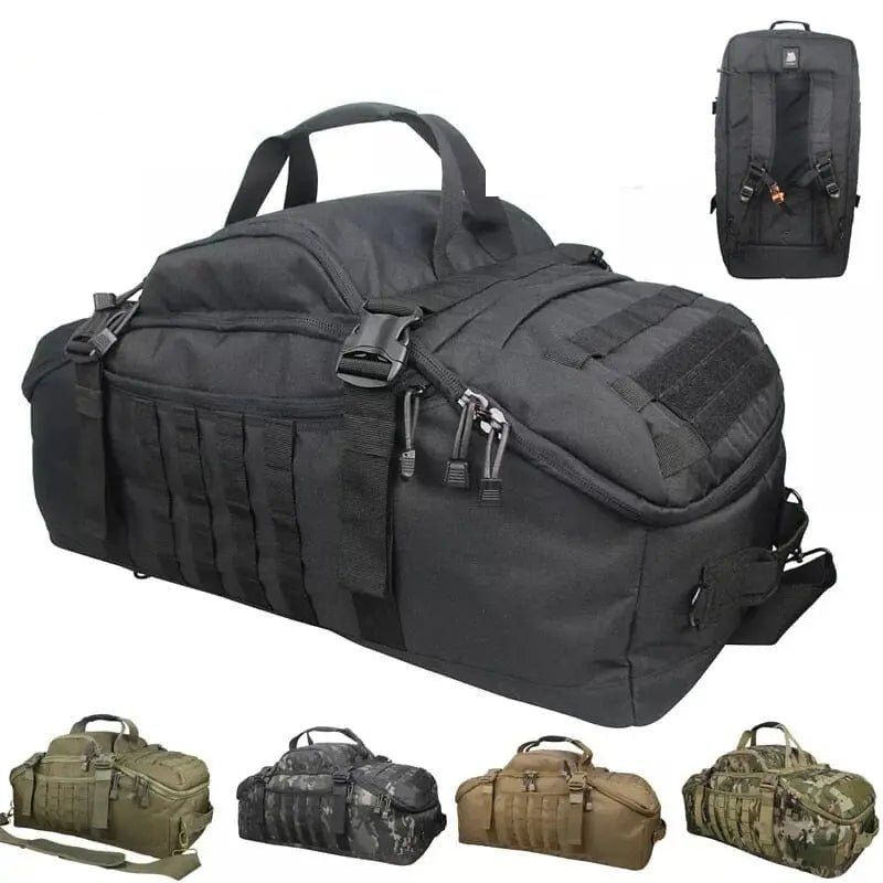Sac militaire noir étanche, détails des fermetures éclair et coutures renforcées