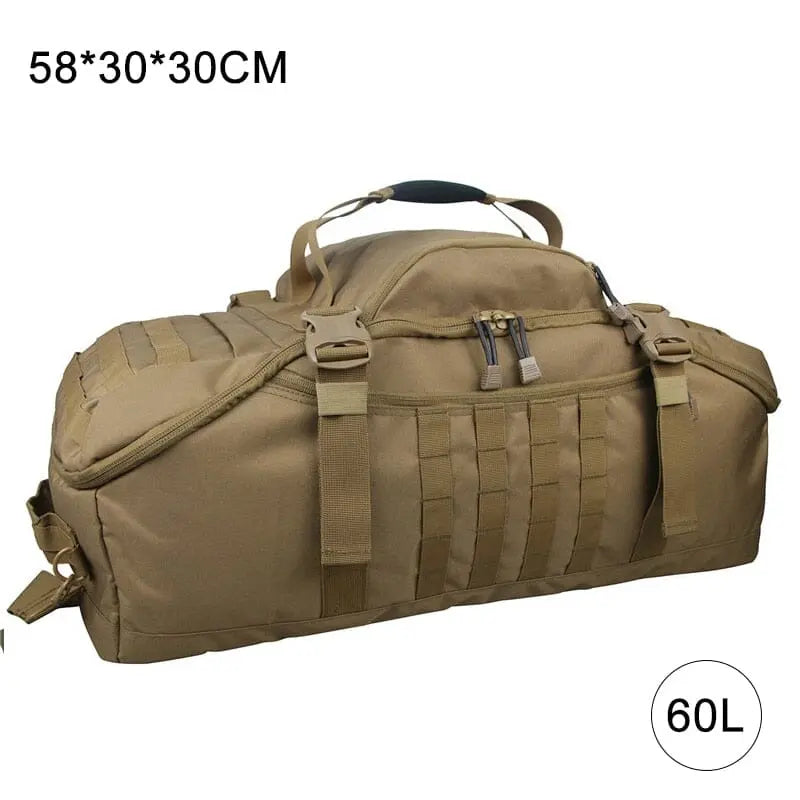 Sac tactique camel 60L, vue latérale avec poches extérieures