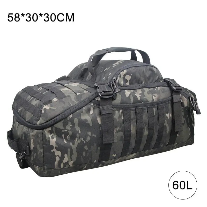 Sac camouflage noir 60L, vue de face avec poches zippées
