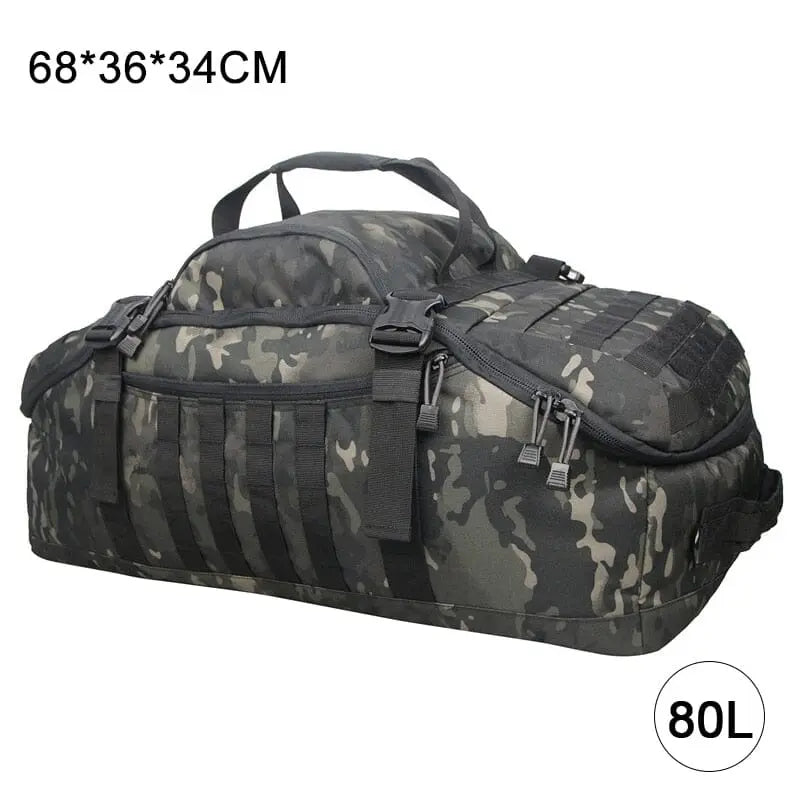 Sac camouflage noir 80L, détails des motifs et fermetures