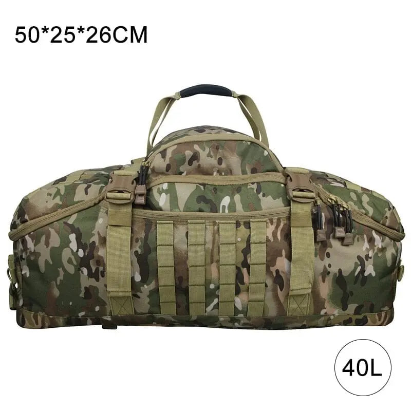 Sac camouflage vert 40L, avec détails des motifs militaires