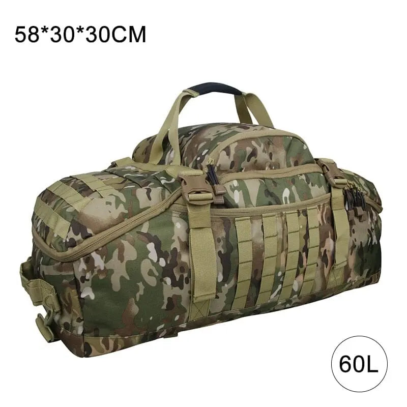 Sac camouflage vert 60L, vue latérale avec poches extérieures