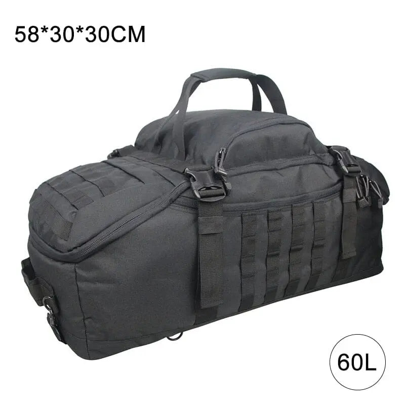 Sac militaire noir 60L, vue de face montrant les poches multiples