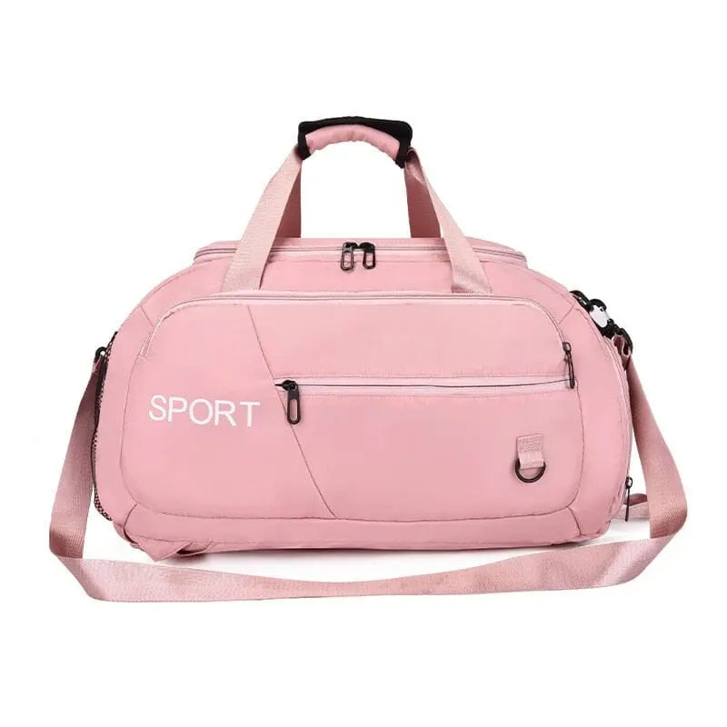 Sac de voyage rose avec multiples poches et bandoulière