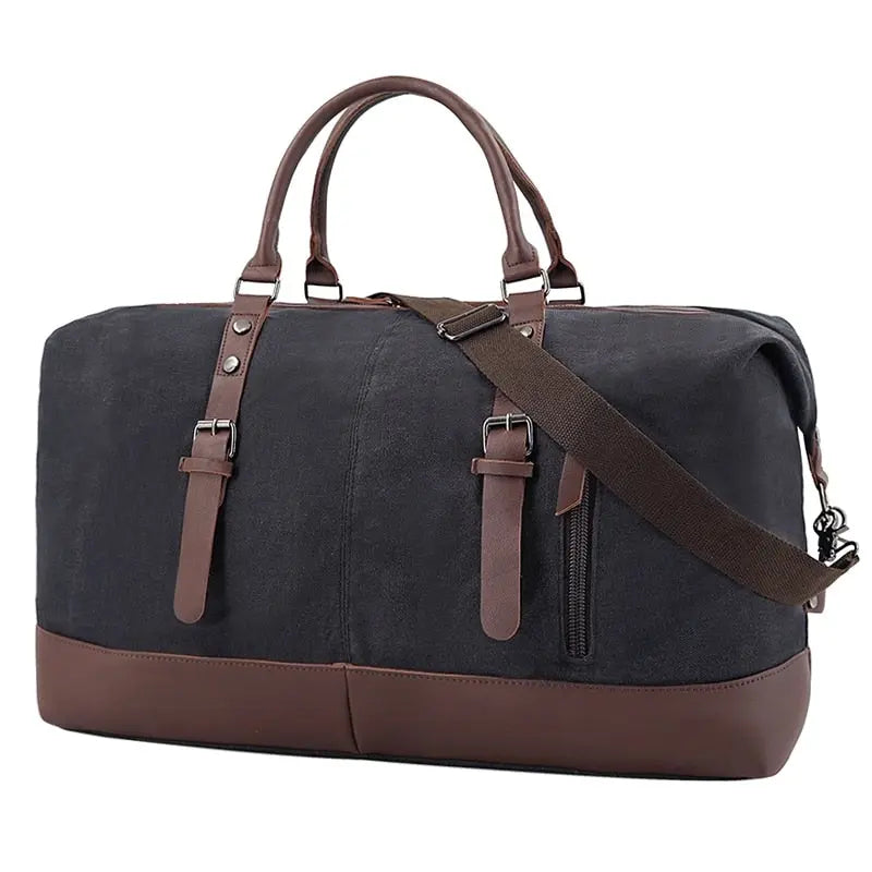 Sac de voyage vintage posé sur une surface en bois