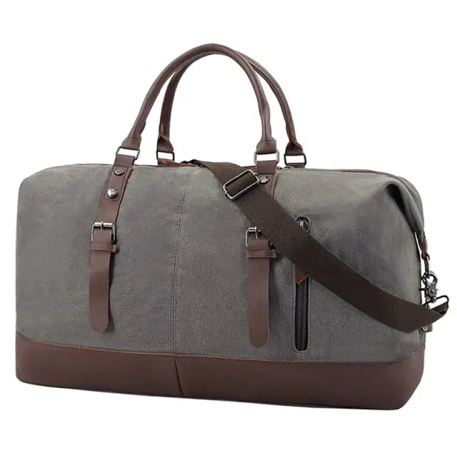 Sac de voyage gris avec poches extérieures visibles