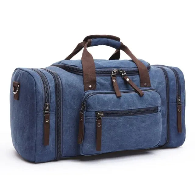 Sac de voyage bleu en toile, design vintage avec poches multiples