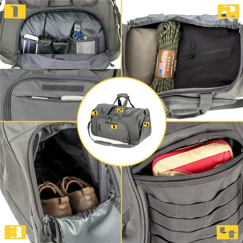 Sac militaire noir avec bandoulière et poches extérieures
