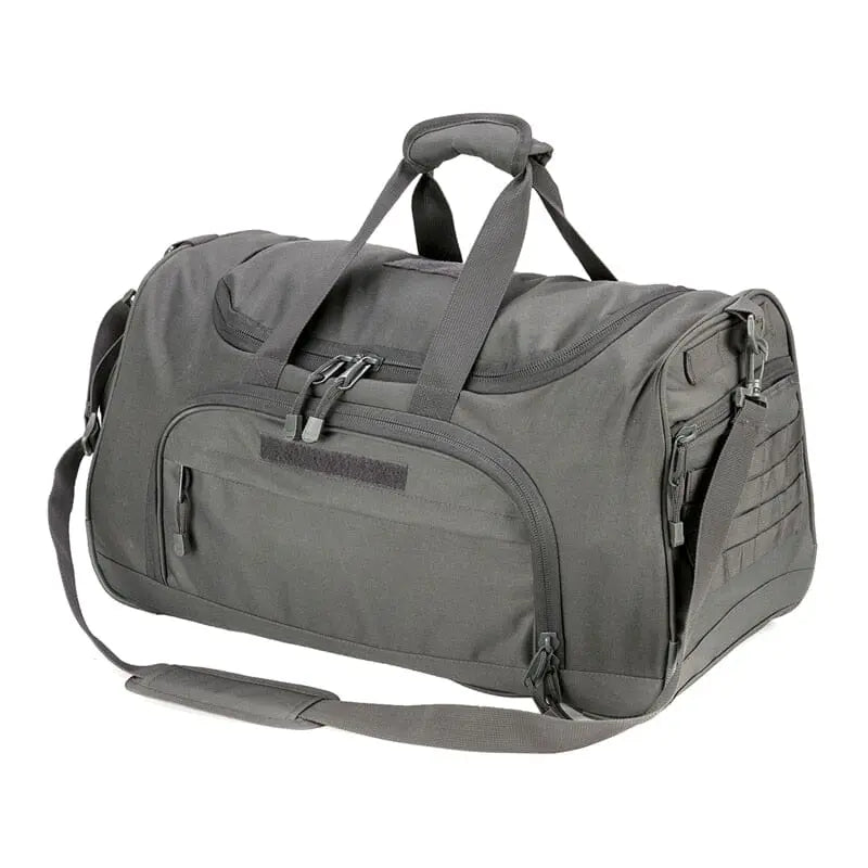Sac militaire gris avec poignée de transport et tissu résistant
