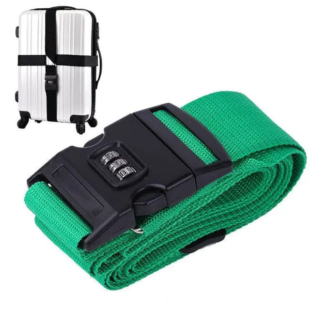 Sangle verte en croix pour valise avec code à 3 chiffres