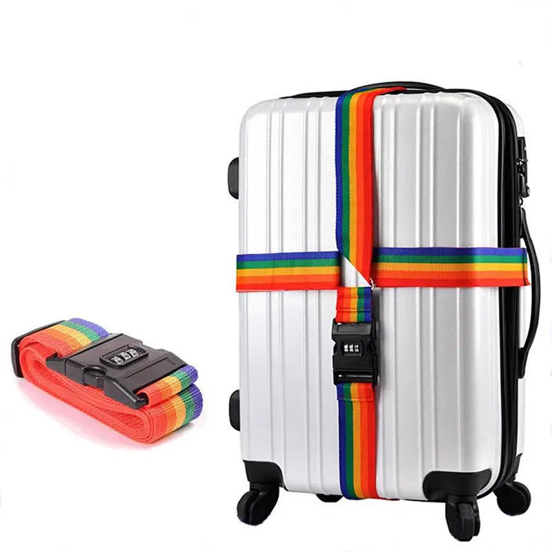 Sangle multicolore en nylon croisée sur une valise