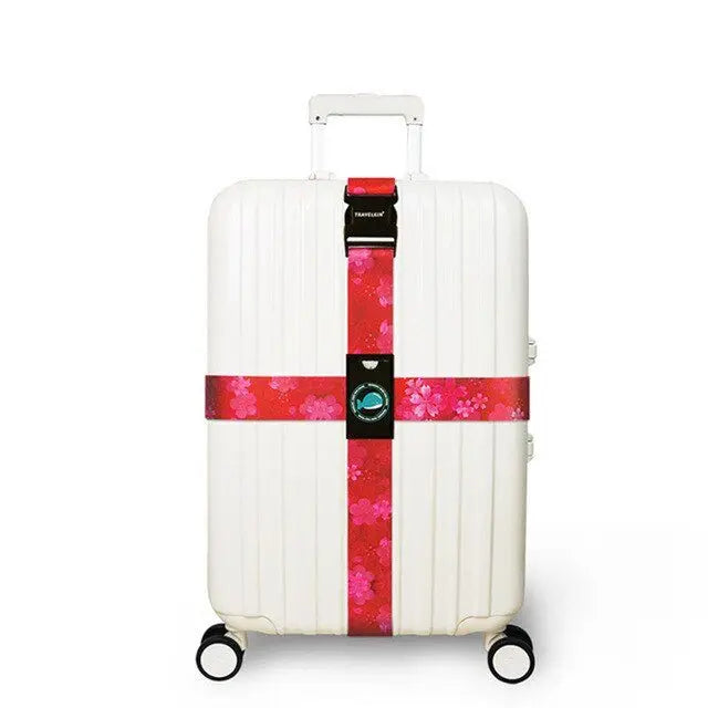 Vue rapprochée de la sangle valise fleurie sécurisée