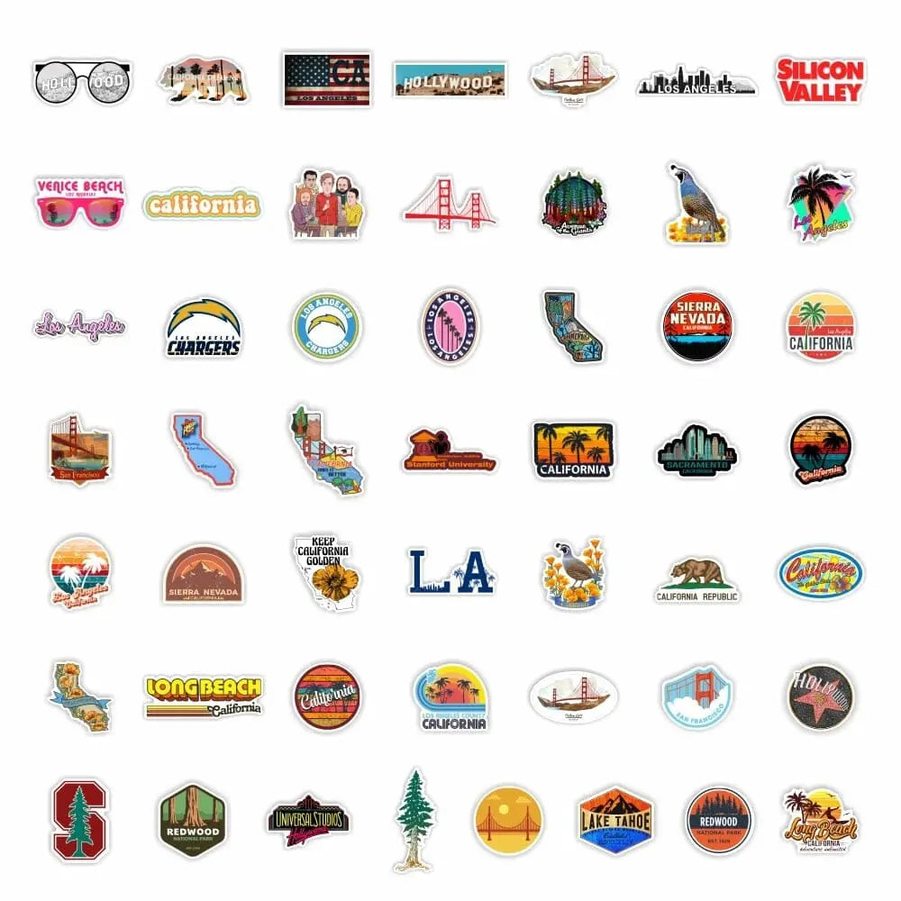 Gros plan sur divers stickers représentant des symboles californiens