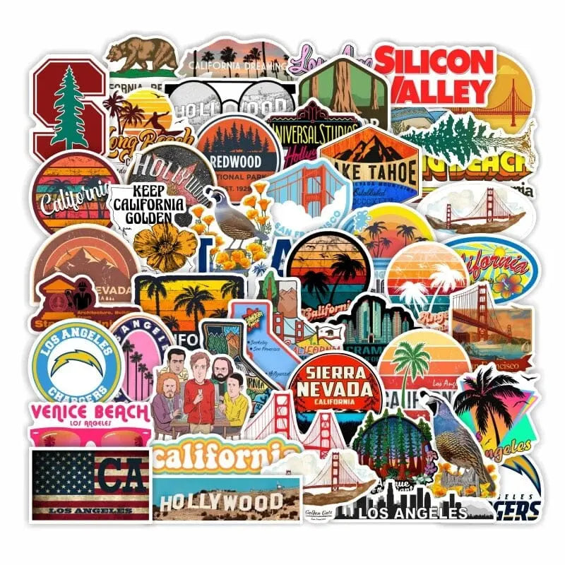Lot de 50 autocollants colorés sur le thème de la Californie