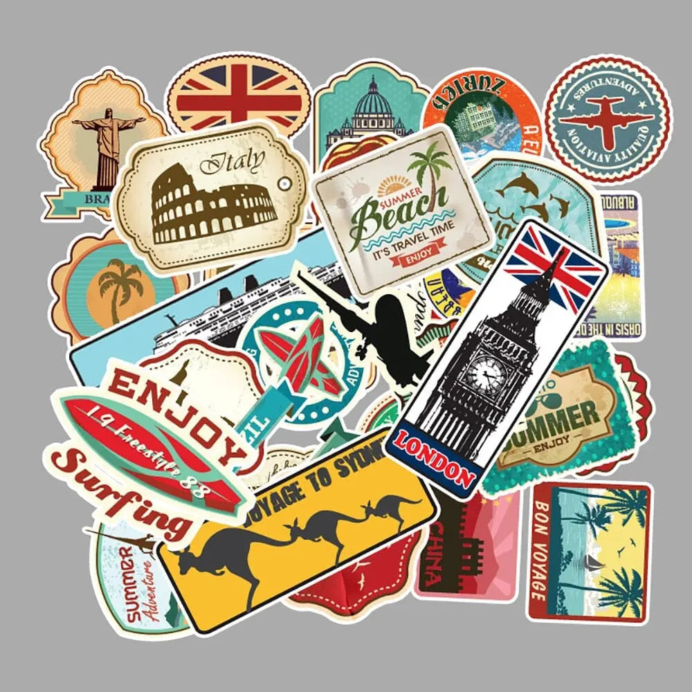 Collection de stickers avec motifs de voyage et paysages