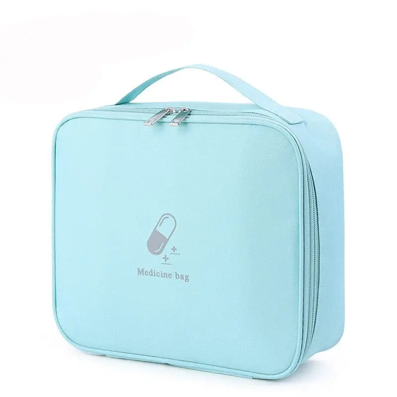 Trousse de secours bleu ciel, vue de dessus, poignée visible