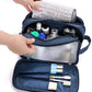 Trousse de toilette ouverte montrant plusieurs compartiments