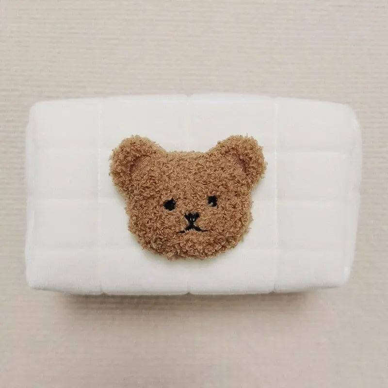 Trousse beige et marron pour bébé avec motif ourson
