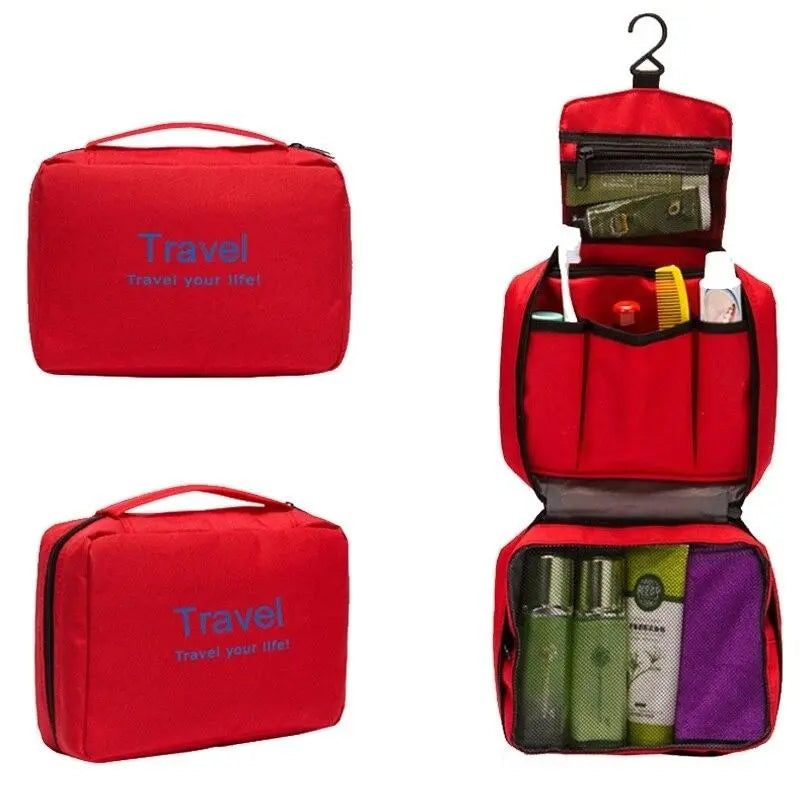 Trousse de toilette rouge en nylon imperméable avec fermeture éclair