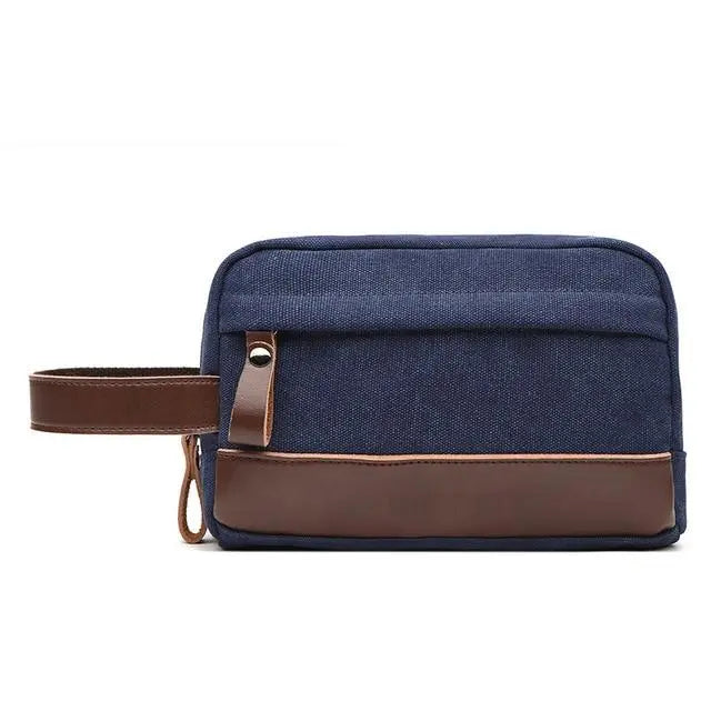 Trousse de toilette bleu marine, vue de côté, fermeture éclair
