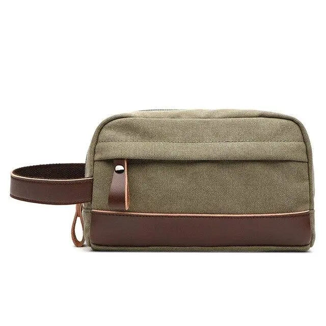 Trousse de toilette kaki en canvas, grande poche principale