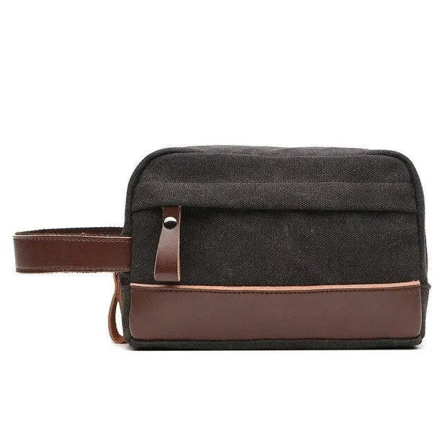 Trousse de toilette noire en canvas avec poche avant zippée
