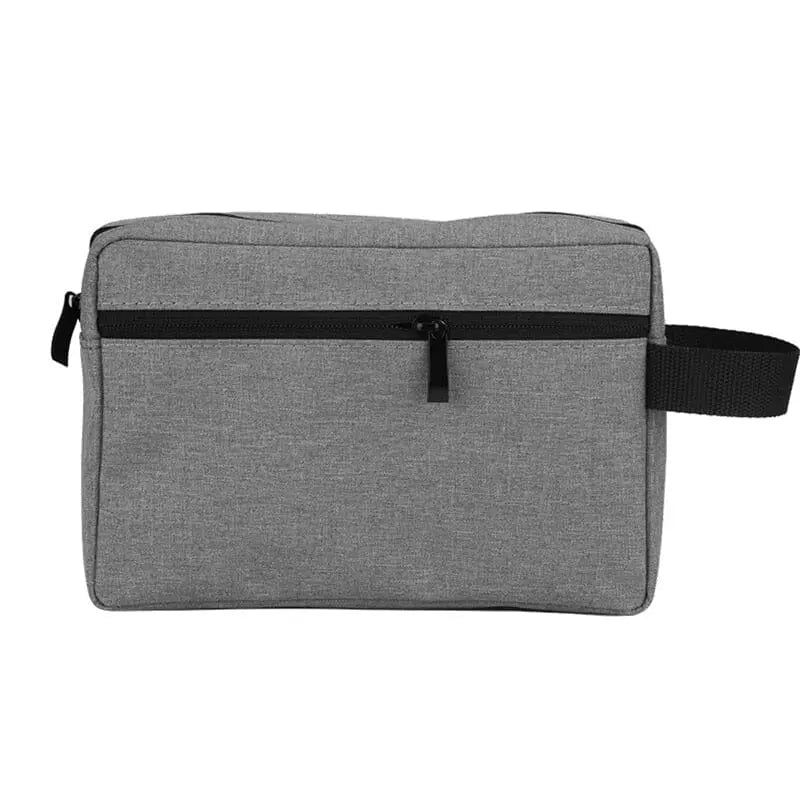 Trousse de toilette grise montrant sa forme rectangulaire