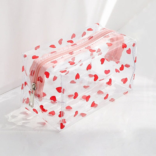 Trousse de toilette transparente avec motifs de cœurs en PVC