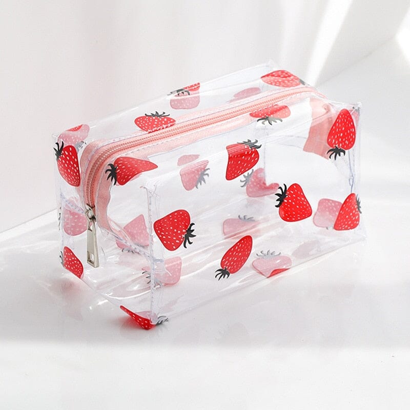 Trousse de toilette transparente avec motif fraises, fermeture éclair
