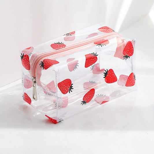 Trousse de toilette transparente avec motif fraises, fermeture éclair