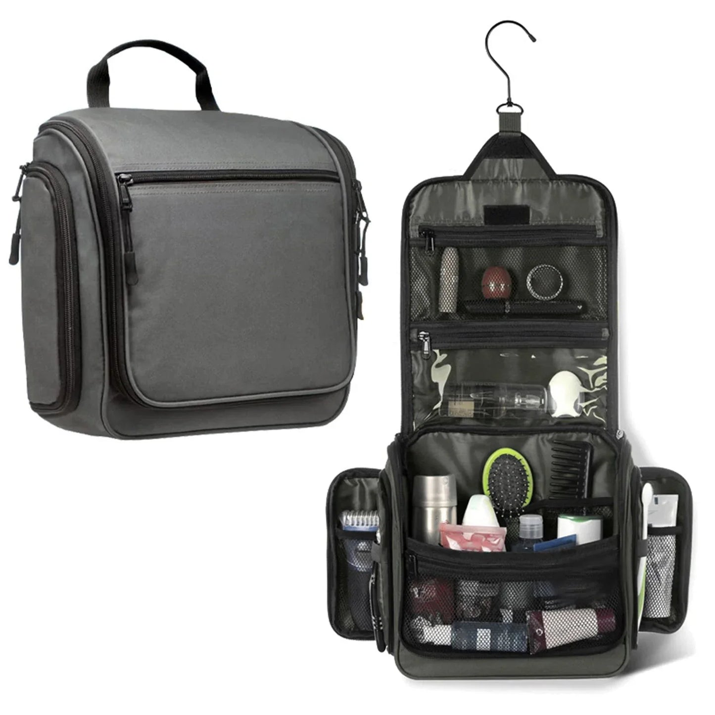 Vue intérieure de la trousse avec poches en filet et zips