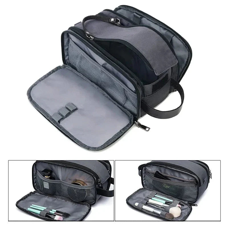 Vue de face d'une trousse de toilette grise avec double zip