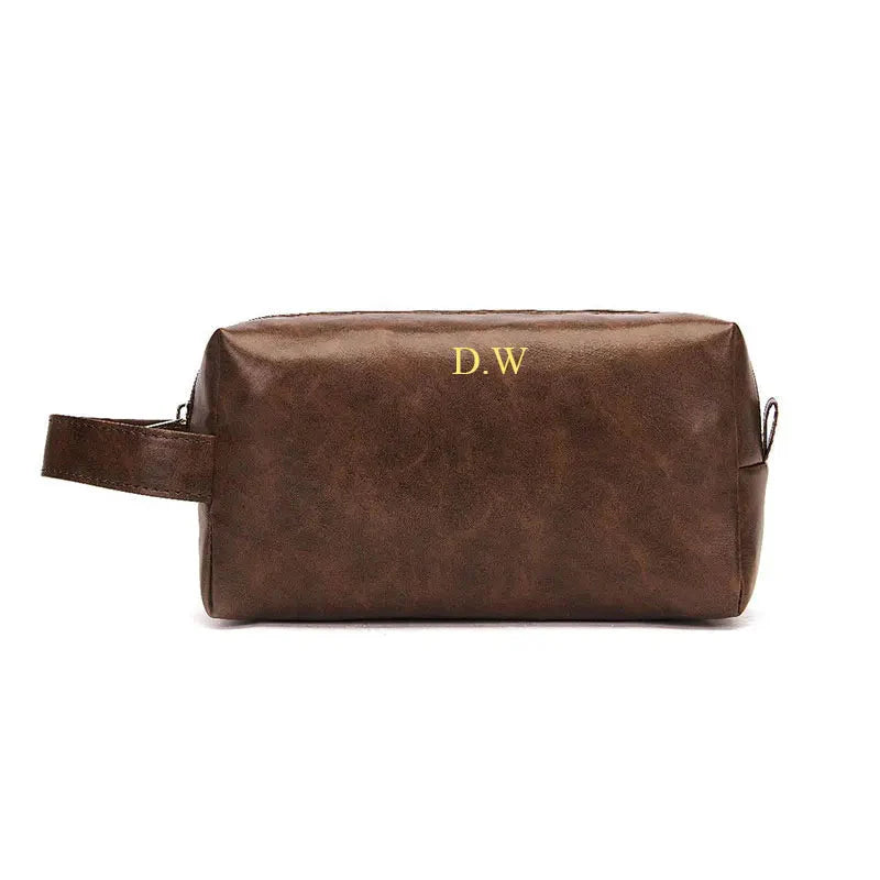 Trousse de toilette rétro avec initiales dorées sur fond beige