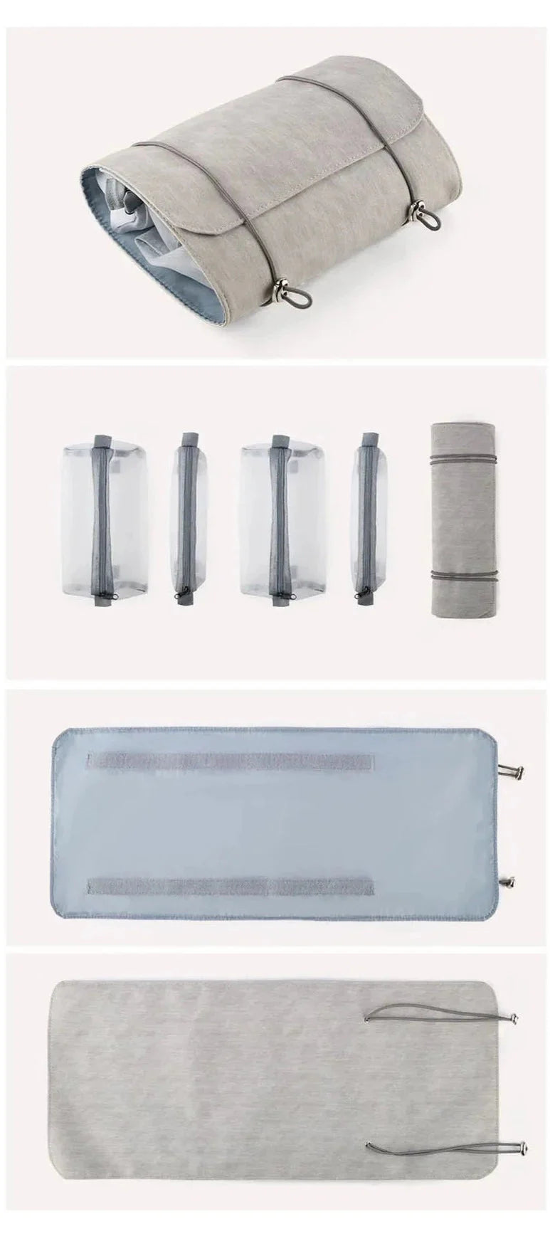 Trousse de toilette pliée montrant sa compacité pratique
