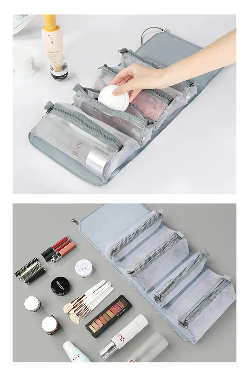 Intérieur spacieux d'une trousse de toilette avec produits