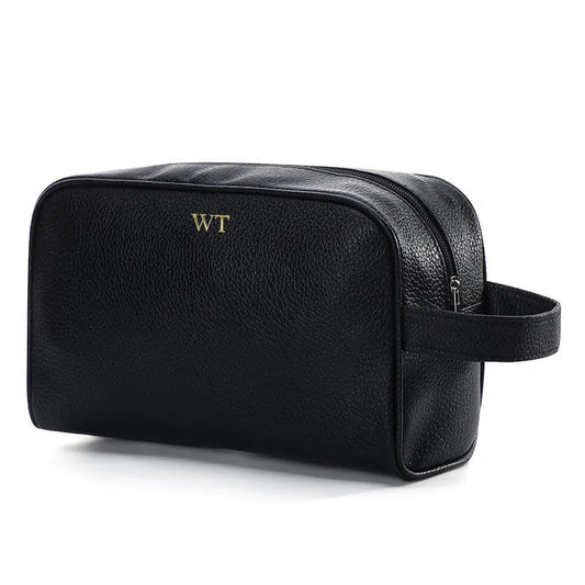 Trousse de toilette noire avec initiales dorées en relief
