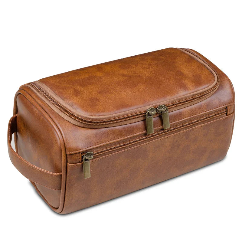 Trousse de toilette camel suspendue, élégante et pratique
