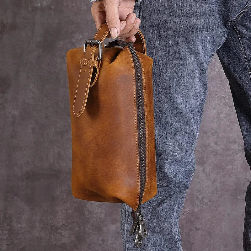 Trousse de toilette en cuir vintage avec fermeture éclair