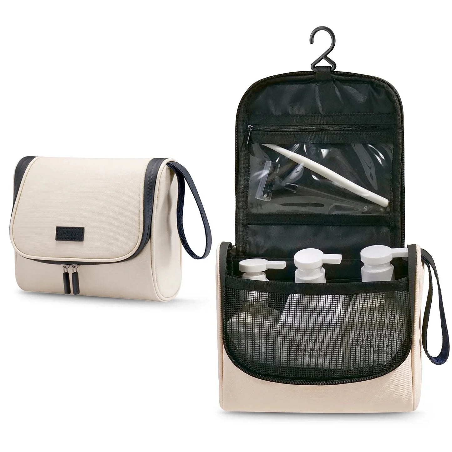 Trousse beige suspendue montrant sa capacité de rangement
