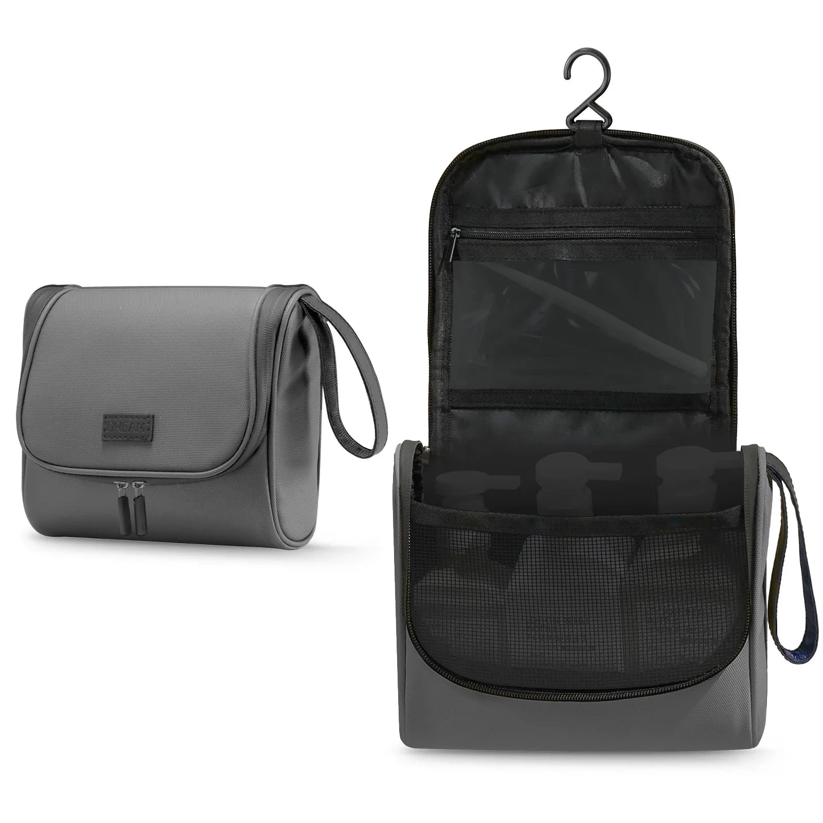 Trousse grise accrochée avec plusieurs poches visibles