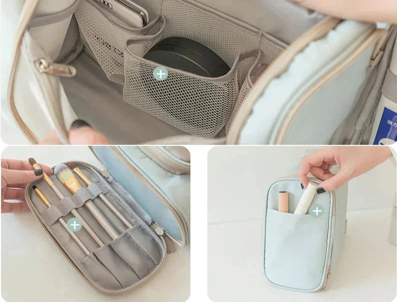 Trousse ouverte montrant l'organisation des articles de toilette