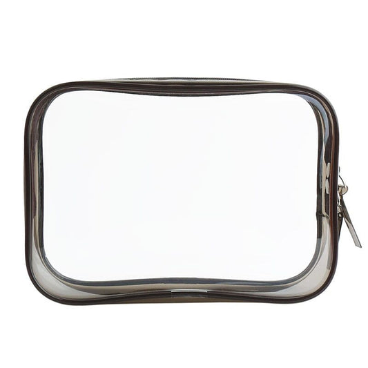 Trousse de toilette transparente avec fermeture éclair grise sur fond blanc